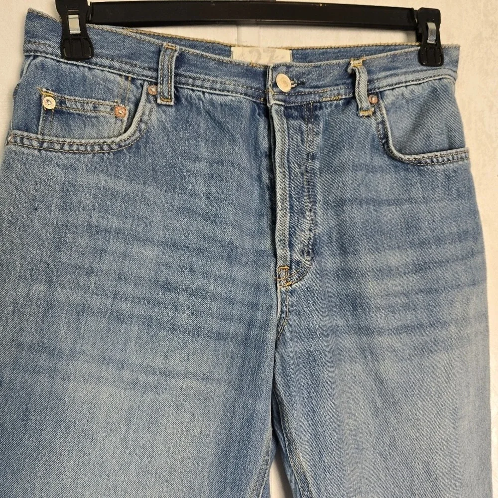 We The Free Free People Distressed Straight Leg Jeans Blue 27 Knee Ripped Frayed